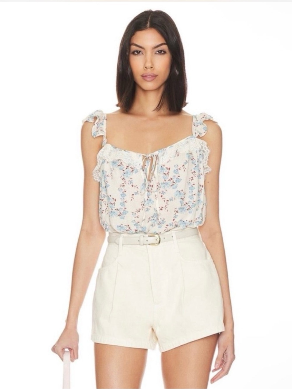 Free People Floral Lace-Trim Tie-Front Bodysuit - Cream/Blue